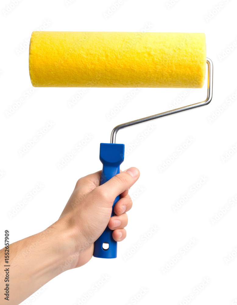 Fototapeta premium Hand painting using a yellow roller brush isolated on a transparent or white background