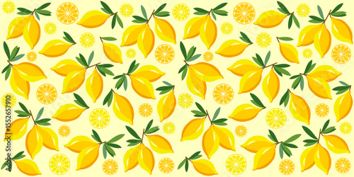 Seamless lemon pattern. Yellow background. Juicy lemons on a branch. Bright print for textiles and wallpaper. Pattern for greetings card, invitation, poster,banners, calendar, wallpaper. vector