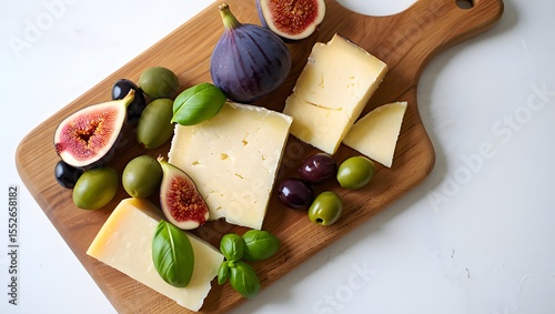 Cheese board with figs and olives: gourmet food platter