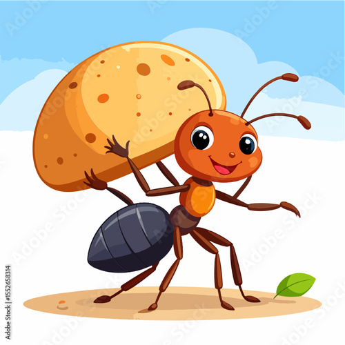 An ant carries a large piece of bread on its back with a leaf nearby on a sandy surface against a blue sky with fluffy clouds