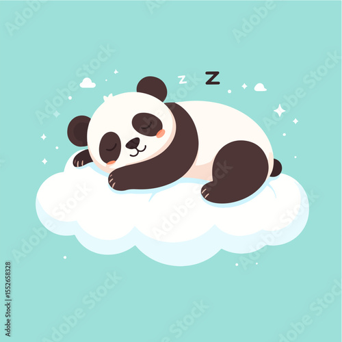 A panda peacefully sleeps on a fluffy cloud amid sparkling stars accompanied by two Zs all set against a calming blue background