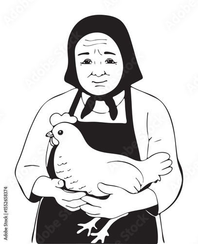 old woman holding chicken vector black and white sketch