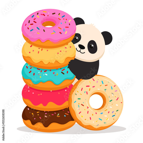 A panda peeks from behind a stack of colorful donuts while another donut stands adjacent to the stack