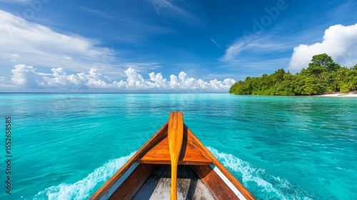 Serene Boat Journey, a tranquil cruise through vibrant turquoise waters, endless horizon invites relaxation and adventure.