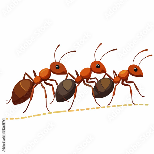 A depiction shows three ants marching in a line with a dotted line under them