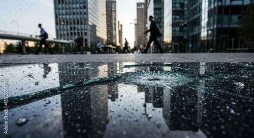 Cracked glass reflecting cityscape and office people rush symbolizing workplace pressure.