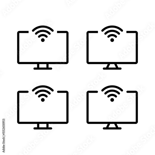Computer monitor with WIFI signal icon set in line style. Desktop PC screen with wireless network symbol