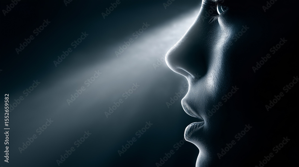A powerful beam of light illuminates the profile of a human nose and mouth against a dark background, symbolizing senses or discovery.
A powerful beam of light illuminates the profile of a human nose and mouth against a dark background, symbolizing senses or discovery.