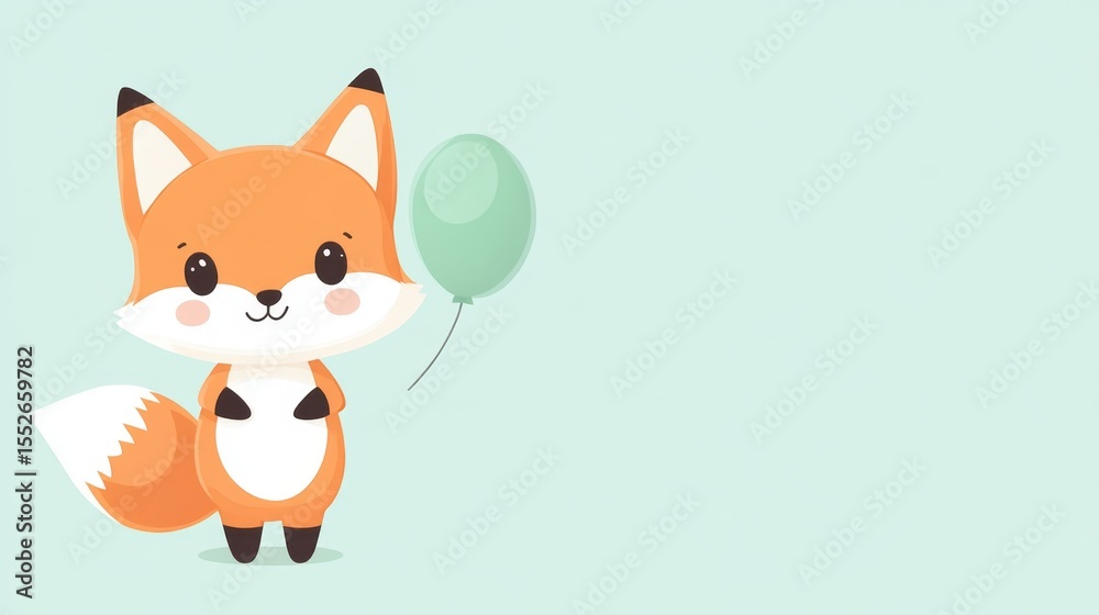 Fototapeta premium Charming chibi fox with a balloon, vibrant gradient backdrop, ideal for playful text integration, whimsical and colorful design
