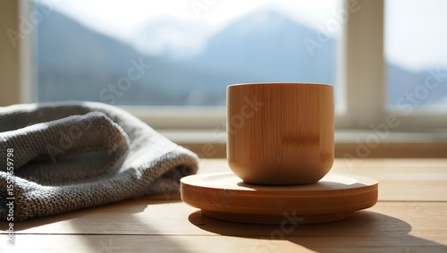 Minimalist bamboo cup and towel still life photo