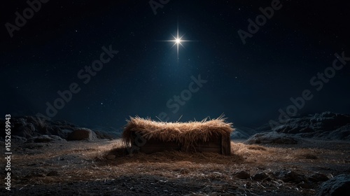 Star of Wonder: A symbolic depiction of the nativity, with a bright star shining down upon an empty manger, embodying hope, faith, and the spirit of Christmas.