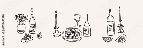 Hand drawn wine and food compositions