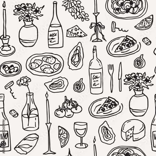 Hand drawn wine and food background