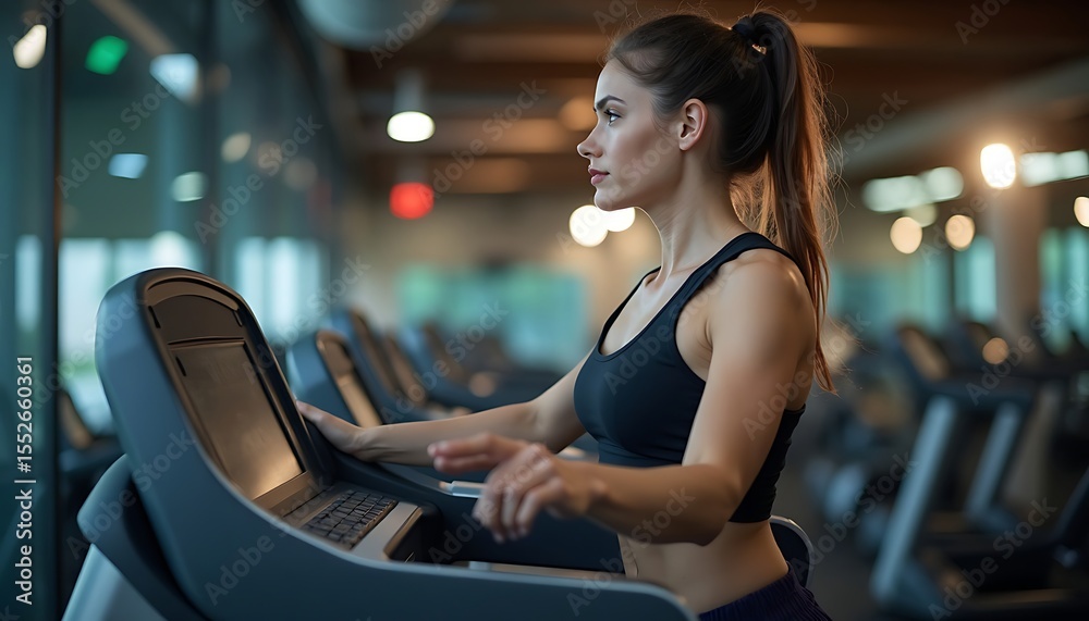 Fototapeta premium Woman Exercising on Treadmill at Gym for Fitness and Workout