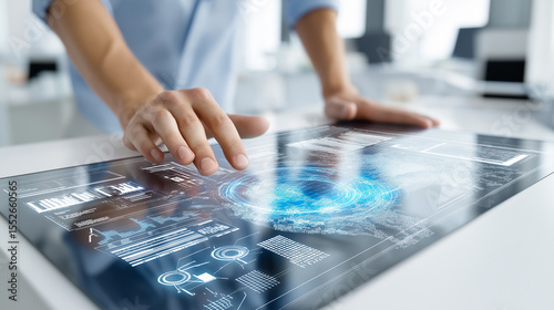 Hands interact with a futuristic transparent touchscreen displaying complex holographic data and interfaces in a modern office or lab.
