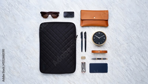 Flat lay office essentials: laptop sleeve, leather goods, and desk accessories