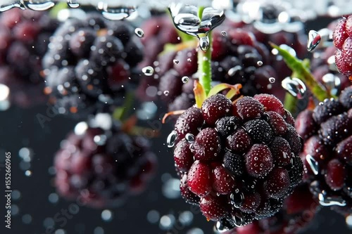 A cascade of juicy blackberries immersed in shimmering water, showcasing bold hues and glistening droplets