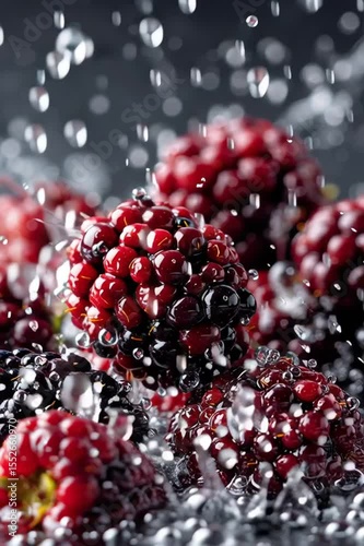 A cascade of juicy blackberries immersed in shimmering water, showcasing bold hues and glistening droplets
