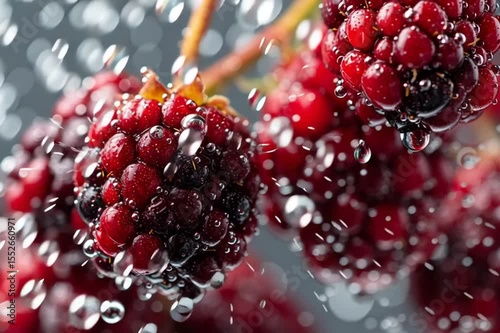 A cascade of juicy blackberries immersed in shimmering water, showcasing bold hues and glistening droplets
