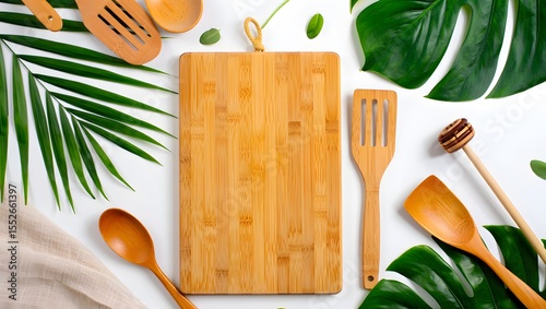 Wooden kitchen utensils and cutting board stock photo