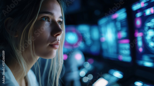 A focused young woman intently views multiple futuristic computer screens displaying complex data and glowing interfaces in a dark  high-tech environment. 
