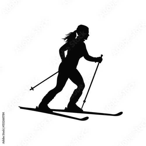 Silhouette of a female cross country skier in action on a white background