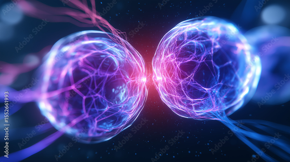 Obraz premium Two glowing, interconnected abstract spheres emit vibrant pink and blue light and energy streams, symbolizing quantum entanglement or data flow. 