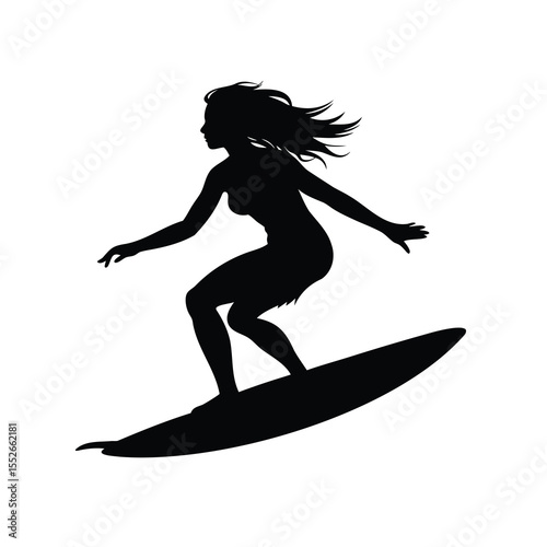 Silhouette of a woman surfing on a surfboard with flowing hair, isolated