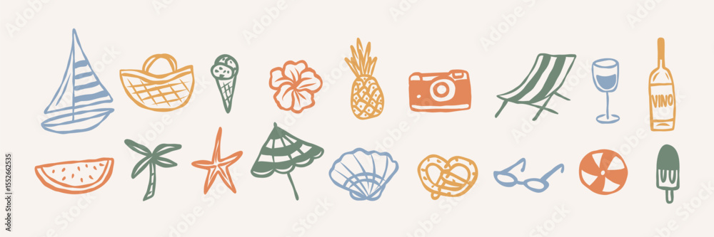 Hand drawn whimsical summer vacation elements