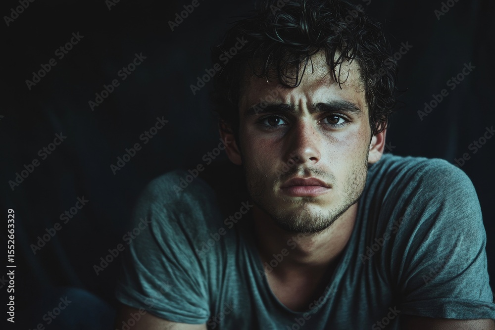 Obraz premium Young man sitting in a dark room, feeling depressed due to work stress, Generative AI