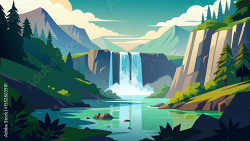 Vector illustration of a powerful waterfall cascading into a pristine lake, surrounded by lush, vibrant greenery and mist. Emphasize fluid lines and transparency for water