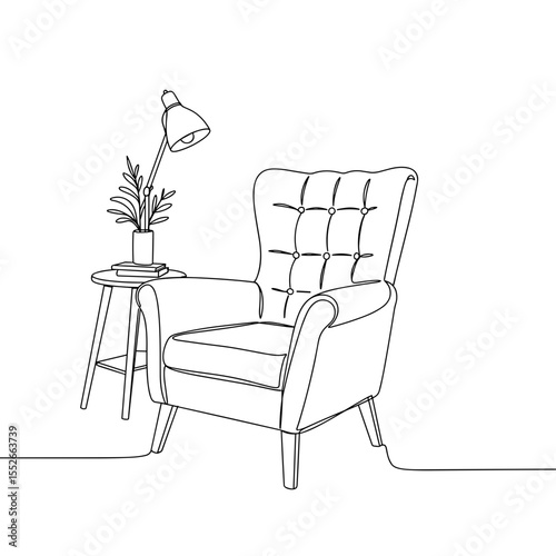 Minimalist armchair and side table with lamp and plant in line art  