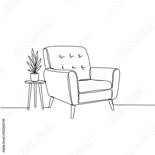 Minimalist armchair with potted plant in line art style  