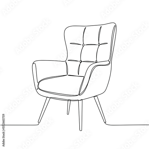 Modern armchair with tufted backrest and tapered legs outline  