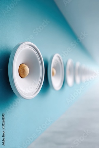 Closeup of Dolby Atmos speakers embedded in blue theater wall featuring spatial audio and acoustic panels for advanced home theater and premium sound systems