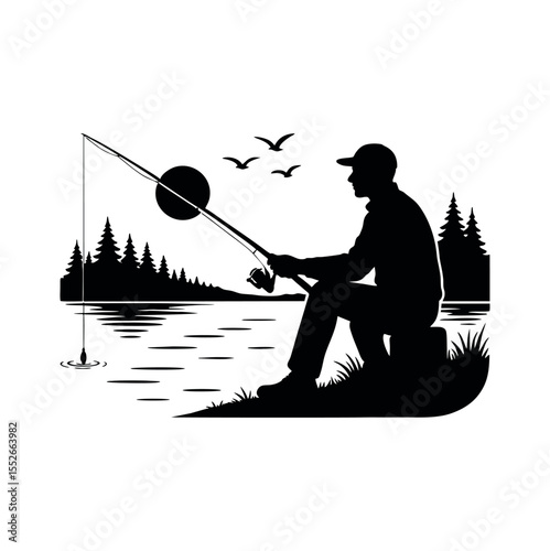 Fishing Man Silhouette Vector Illustration

