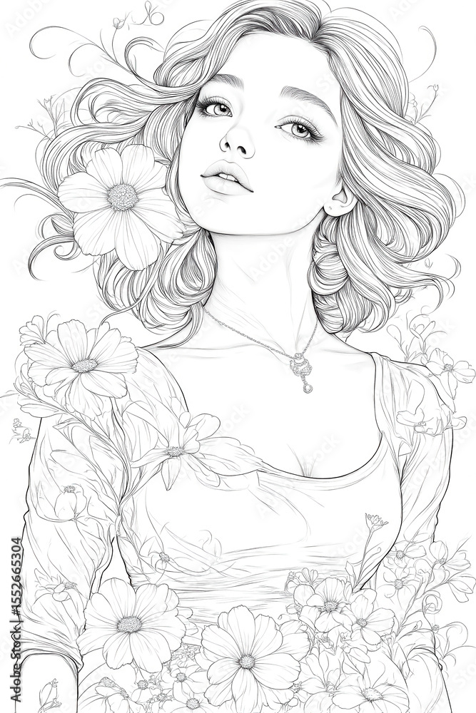 Woman with long hair is holding a flower in her hand. The flower is white and has a yellow center. The woman is wearing a white dress and has a necklace around her neck. The image has a serene Woman with long hair is holding a flower in her hand. The flower is white and has a yellow center. The woman is wearing a white dress and has a necklace around her neck. The image has a serene