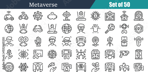 vector line art icons depicting virtual reality, metaverse technology, and futuristic digital concepts, transparent background