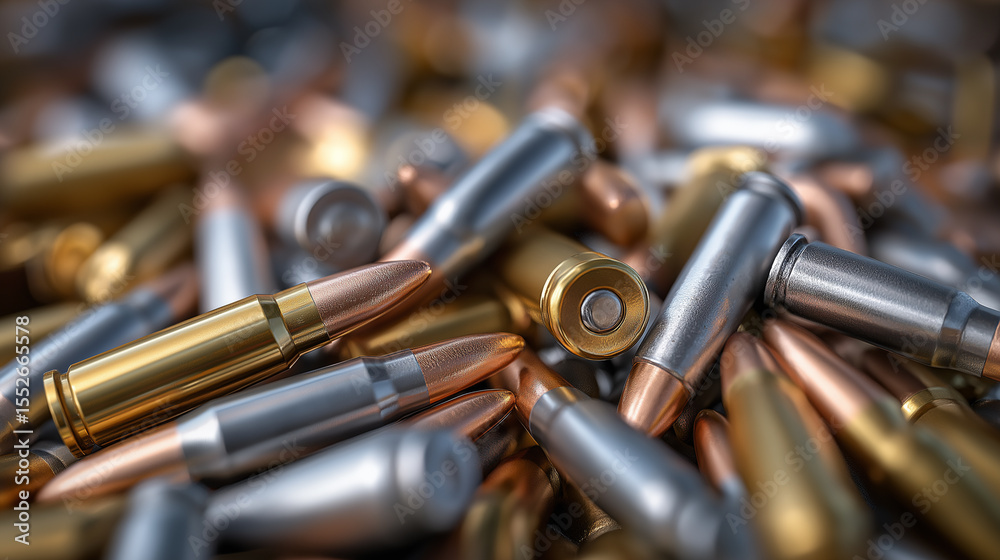 Naklejka premium A pile of various shiny bullet cartridges, including both brass and silver casings, lies scattered, representing firearms, defense, and weaponry. 