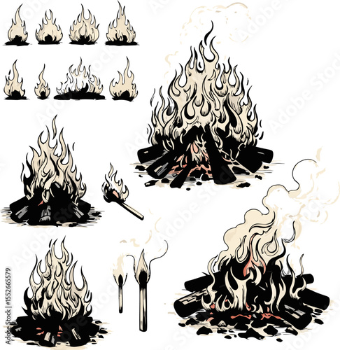 Bonfire illustrations showing campfire with flames burning brightly for designs, prints and decorative artworks