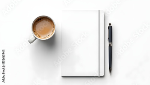 Blank notebook mockup with coffee and pen - white background
