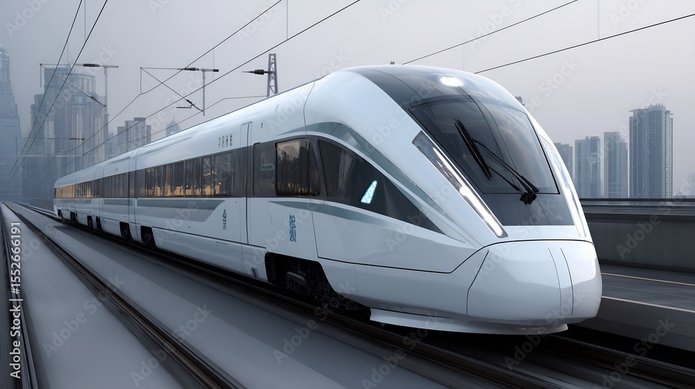 Fototapeta premium Modern high-speed train against the backdrop of a cityscape and infrastructure
