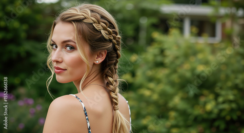 Woman with blonde side braid hairstyle in garden setting. Hair braiding and updo techniques for outdoor beauty treatments and special occasion styling services