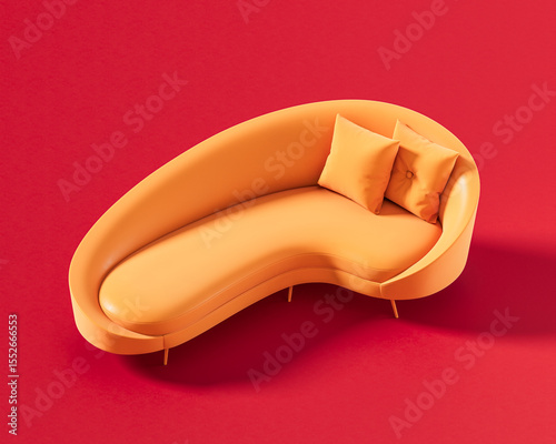 Futuristic sculptural lounge chair with asymmetric curves and elevated minimalist metal frame. Single color, flat orange furniture, 3d rendering