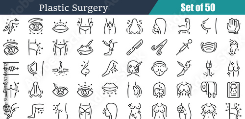 Aesthetic surgery icons showcase various procedures, including facial treatments and body enhancements in a clean, minimalistic line art style, transparent background