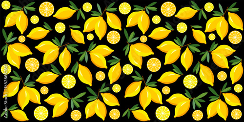 Seamless lemon pattern.  Juicy lemons on a branch. Cut citrus slices painting on black background. Good for textile fabric design, wrapping paper, website wallpapers, textile, wallpaper and apparel.