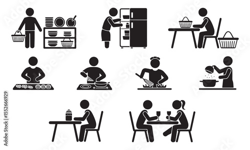 Set of Stick Figure Icons Illustrating Daily Food-Related Activities Like Grocery Shopping, Cooking, Eating, Meal Preparation, and Dining Together