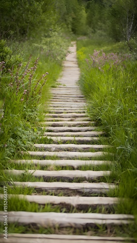 Wooden pathway nature walk: scenic trail photography