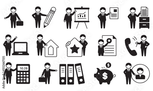 Collection of Business and Office Stick Figure Icons Representing Corporate Activities Like Presentation, Communication, Finance, Document Handling, and Teamwork
