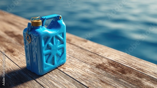 Blue fuel can on a wooden dock overlooking the ocean